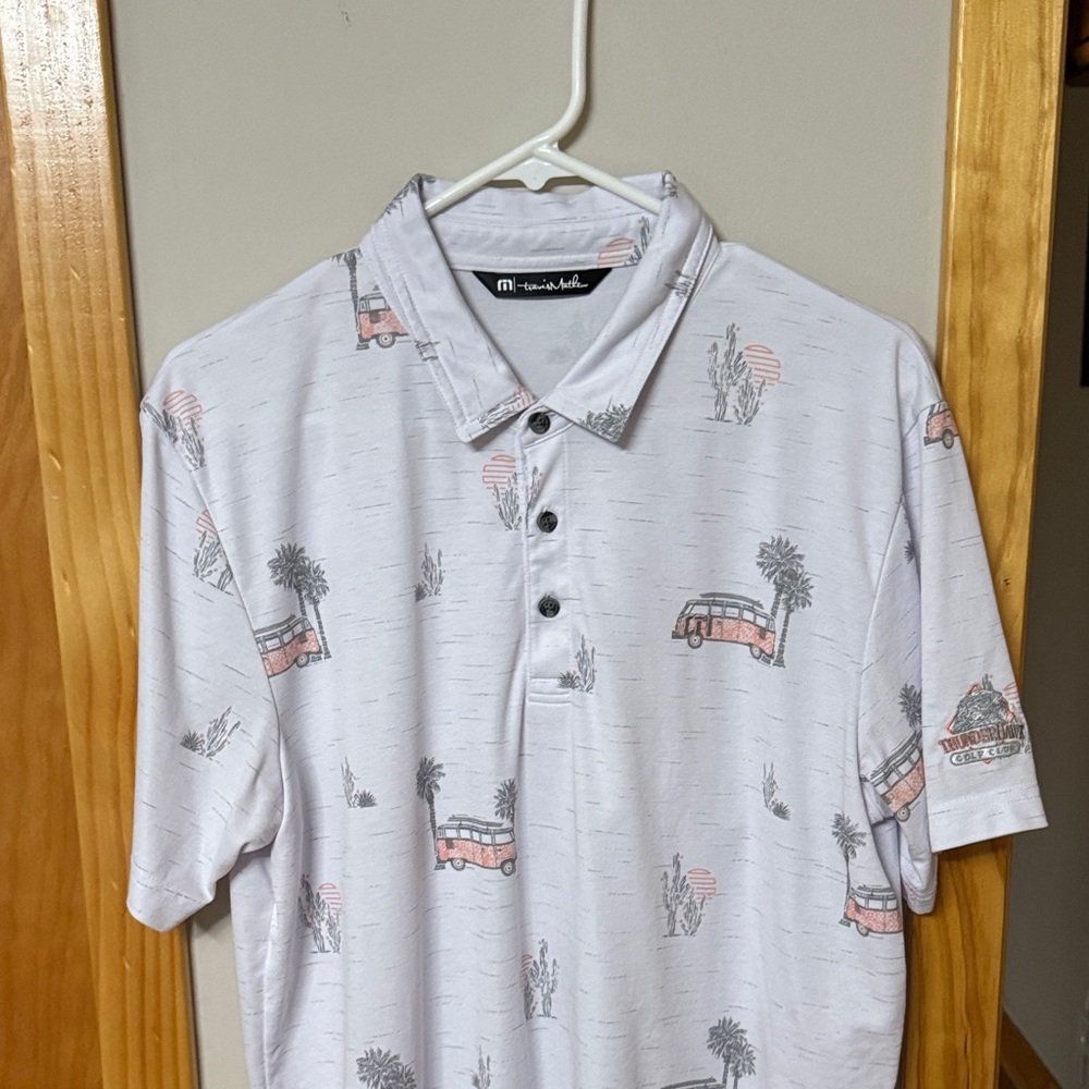 Travis Mathew White Polo with Pink and Gray Print